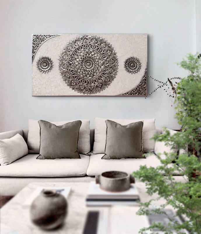 cuadros mandalas en plata sofas