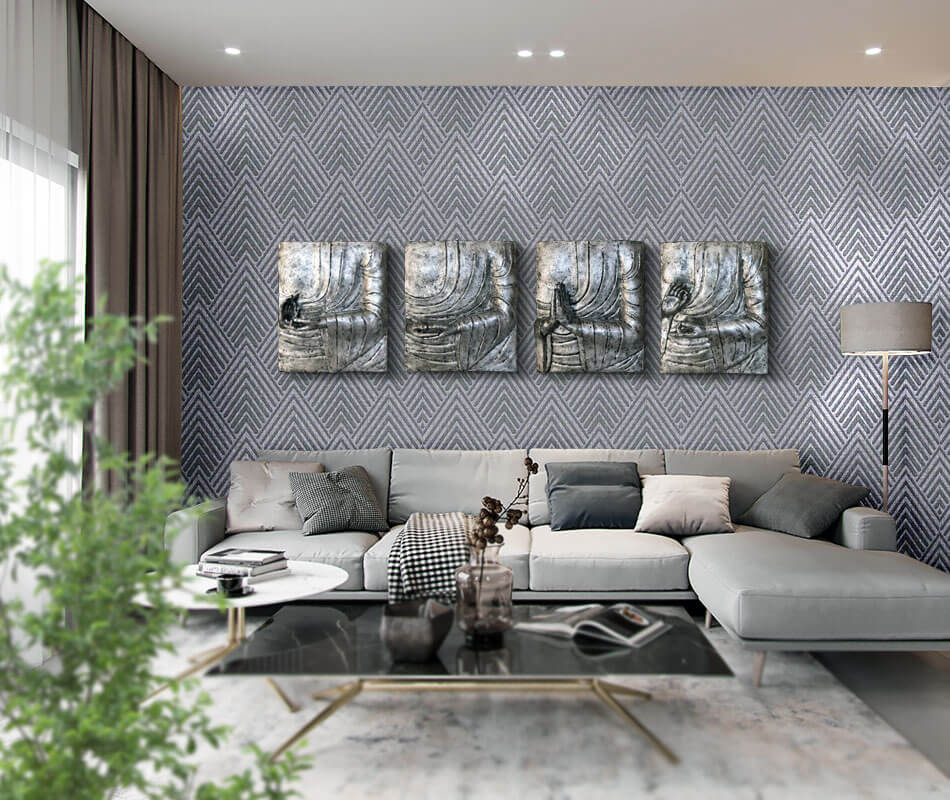 decorar encima del sofa cuadros en plata