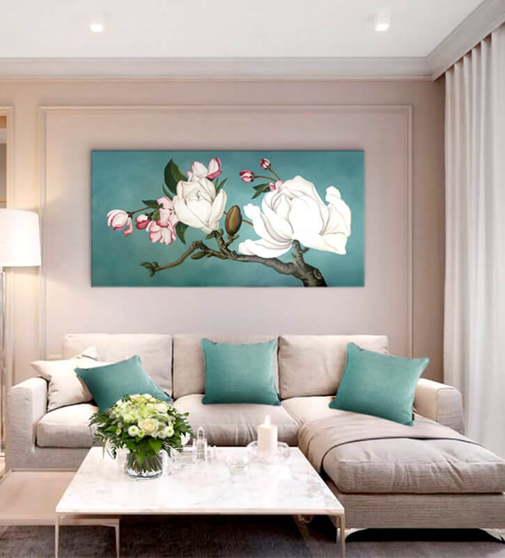 cuadros espectaculares para el salon de flores, verde agua para sofa